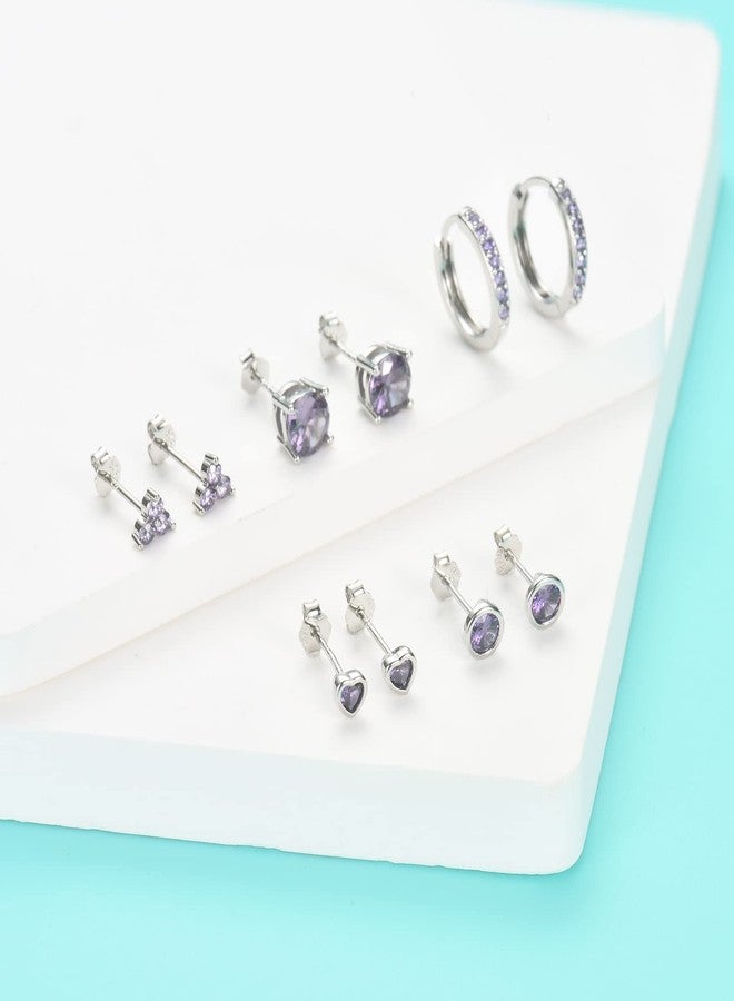 EPIRORA 925 Sterling Silver Stud Earrings Set for Women Men, Hypoallergenic Amethyst Cubic Zirconia Stud Cartilage Helix Earrings, 5 Pairs Silver Hoop Earring Studs Sets for Multiple Piercing - Image 5